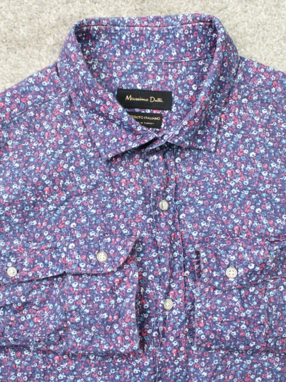 Massimo Dutti Shirt Mens XL Blue/Pink Floral Tessuto Italiano Cotton/Linen L/S
